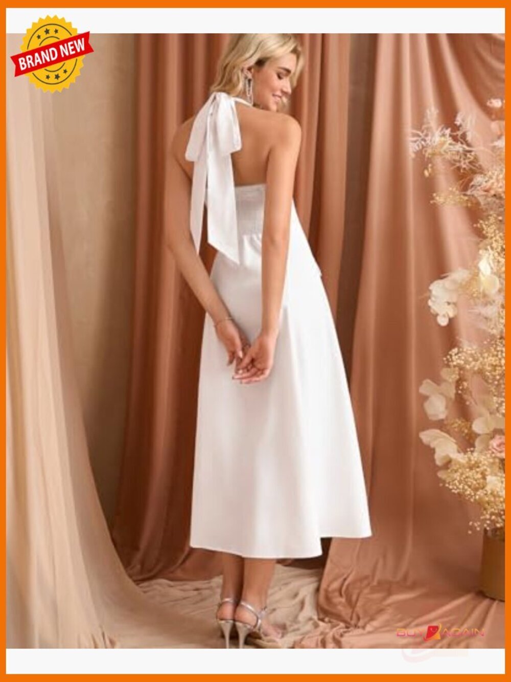 Floral Halter Corset Midi Dress A-Line Bow Tea Party Wedding Guest - Picture 3 of 7